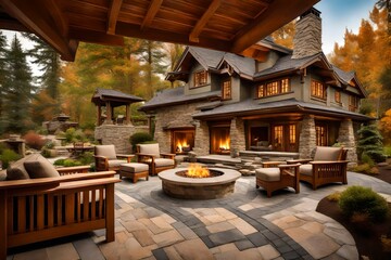 Naklejka premium A Craftsman-style home with handcrafted woodwork, complemented by a cozy backyard with a fire pit and a natural stone patio