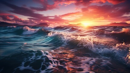 Sunset at sea with large waves crashing against the shore