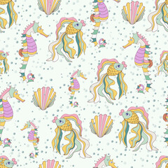 Vector seamless pattern in pastel colors. Seamless pattern with goldfish, seahorses. Underwater world.