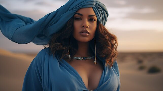 a high fashion close up portrait of a female plus size model in the desert wearing minimalistic blue clothes, cloudy sunset - Generative AI