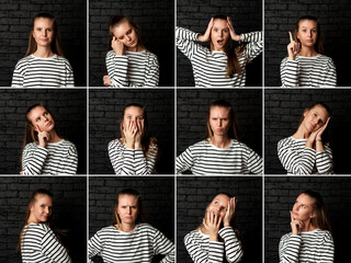Set collage portraits of young cover woman in striped attire, actress emotions portfolio. Different...