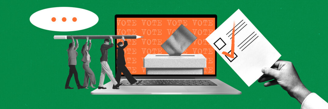 Young people holding pencil, going to vote for president. Putting check mark on ballot paper. Contemporary art collage. Concept of elections day, politics, democracy, human rights. Poster.