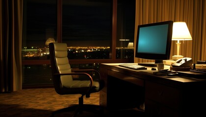 Office night view cityscape computer desk lamp chair - obrazy, fototapety, plakaty