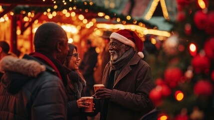 Enchanting evening at a Christmas market, showcasing a variety of joyful moments, from a couple with hot drinks to merry interactions under a brilliantly lit tree