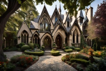 Fototapeta na wymiar A Gothic revival home with pointed arches and stained glass, complemented by a mystical backyard with gothic sculptures and a hidden garden