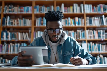Black student writing in notebook while sitting with tablet PC in college library  - obrazy, fototapety, plakaty
