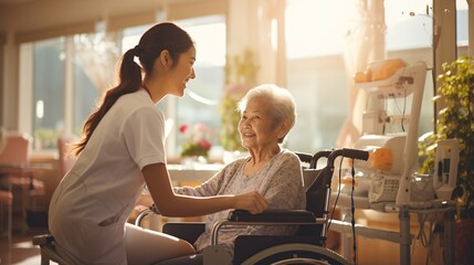 A young nurse talking to a senior woman in a wheelchair
