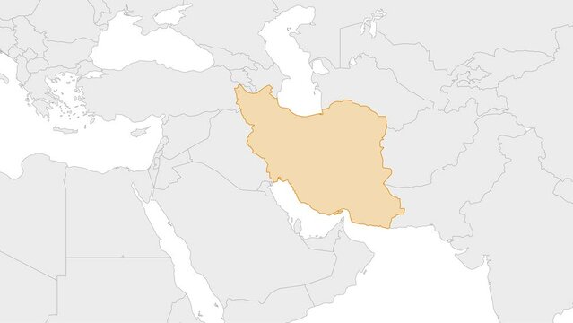 Animation of Iran country map on the world map. Animation of map zoom in with border and marking of major cities and capital of the country Iran. Background with alpha channel. Motion design.