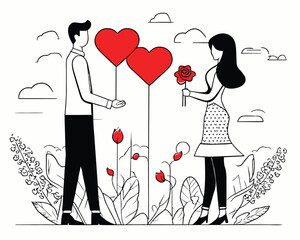 Man Giving Woman a Heart and Flower. Romantic Gesture of Affection and Love