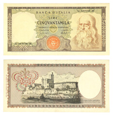 Bank of Italy, old italian banknote of 50000 lire, numismatic paper money for collection, vintage, Italy
