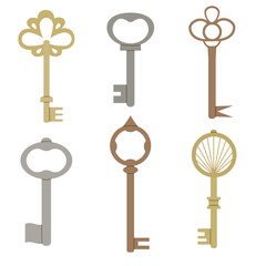 Set of vintage keys. Antique gold, silver, bronze metal. Vector isolated on white background.