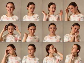 Different facial expressions set portraits of teen cover girl 12 year old, actress emotions portfolio. Emotional collage face teenage model posing at grey. Actor emotion concept. Copy ad text space