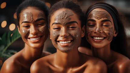 Three female models smiling with chocolate face masks. Skin care.