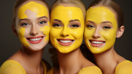 Three female models smiling with yellow face masks. Skin care.