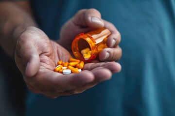 Close-up of a male hand holding a pill bottle pouring medication into his hand 