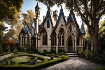 Fototapeta na wymiar A Gothic revival home with pointed arches and stained glass, complemented by a mystical backyard with gothic sculptures and a hidden garden