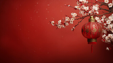 Happy chinese new year, year of the dragon zodiac sign hanging beautiful lantern and flowers on red background. Copy space 
