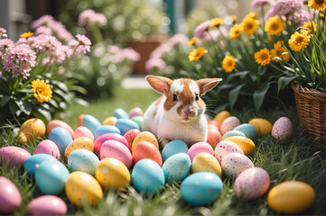Fototapeta na wymiar Enchantingly Colored Easter Eggs in the Garden during Spring Festivities
