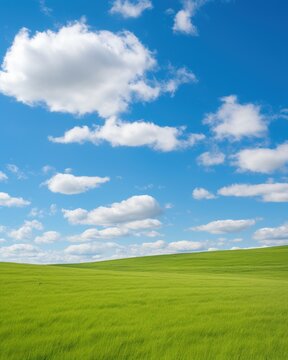 Green rolling hills under blue sky with white clouds