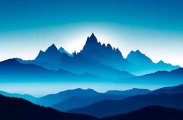 Fototapeta na wymiar Range of high mountains and shadows, skyline on blue background