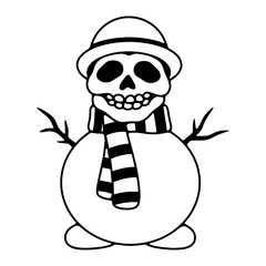 SKULL SNOWMAN WITH SCARF AND HAT BLACK WHITE BACKGROUND