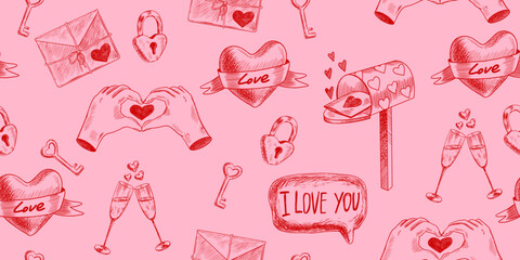 Valentines day seamless pattern with heart hands, mailbox, envelope, champagne glasses, heart-shaped key and lock. Message I love you. Sketch style heart with ribbon. Engraving style illustration
