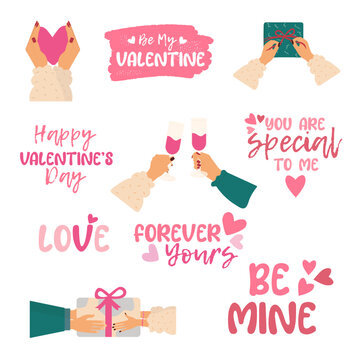 Valentine's day set concept in the flat cartoon design. Cute stickers and pictures that symbolize the day of all lovers. Vector illustration.