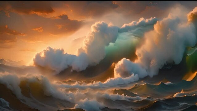 Amazing of the powerful deep blue ocean waves during the monsoon season amazing video Tropical Sea with colorful sunset slomotion