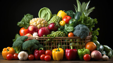 Shopping trolley full with vegetables and fruits in black background. Shopping, vegetable market concept.