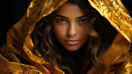beautiful girl on a dark background in a golden hood, creative, bright, expressive