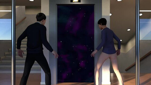 people at the elevator, attention to the door, outer space, fear of the unknown, 3d rendering, concept