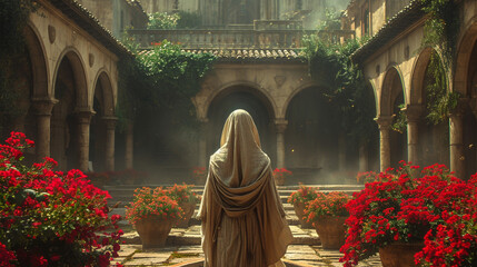 A visually stunning portrayal of a nun immersed in the act of prayer, set against the backdrop of a monastery's ancient courtyard, where aged stone walls and archways echo the time - obrazy, fototapety, plakaty