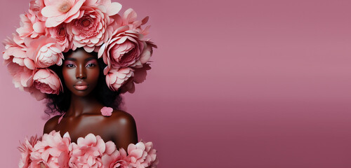Beautiful portrait African woman make up face looking camera with pink flowers and hands holding.