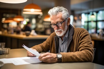 An elderly man reading a document in a cafe