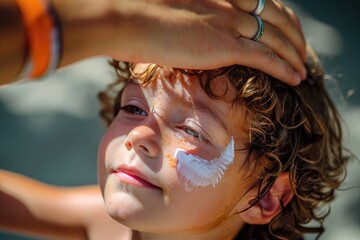 A parent applies sunscreen to a child's face - obrazy, fototapety, plakaty