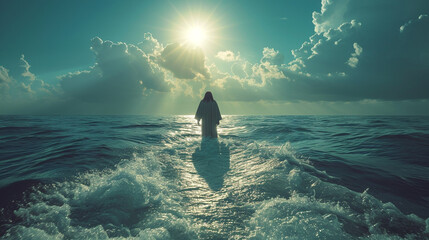 Jesus Christ walks on water. Sunset on the lake.  The Gospel illustration. Christian Religious Photo for Church publications - obrazy, fototapety, plakaty