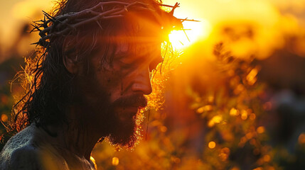 Jesus Christ in the crown of thorns. The sufferings of Jesus Christ, Good Friday. Christian Religious Photo for Church Easter publications - obrazy, fototapety, plakaty