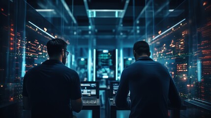 Pair of IT engineers , surrounded by rows of blinking server racks in a technologically advanced data center, developing innovative solutions on their sleek laptops.