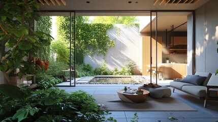 A hidden courtyard oasis accessible through sliding glass doors, featuring a cascading water feature, lush greenery, and comfortable seating for quiet contemplation