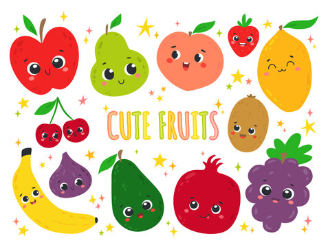 Set of kawaii fruits in hand-drawn cartoon style. Cute faces of food. Funny characters for stickers, posters, cards, invitations and nursery room decor. Colorful childish vector illustration isolated