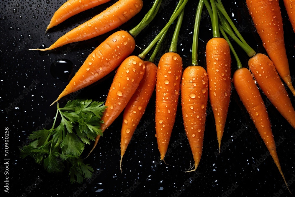 Wall mural Fresh carrots with water drops on black background - Wall murals