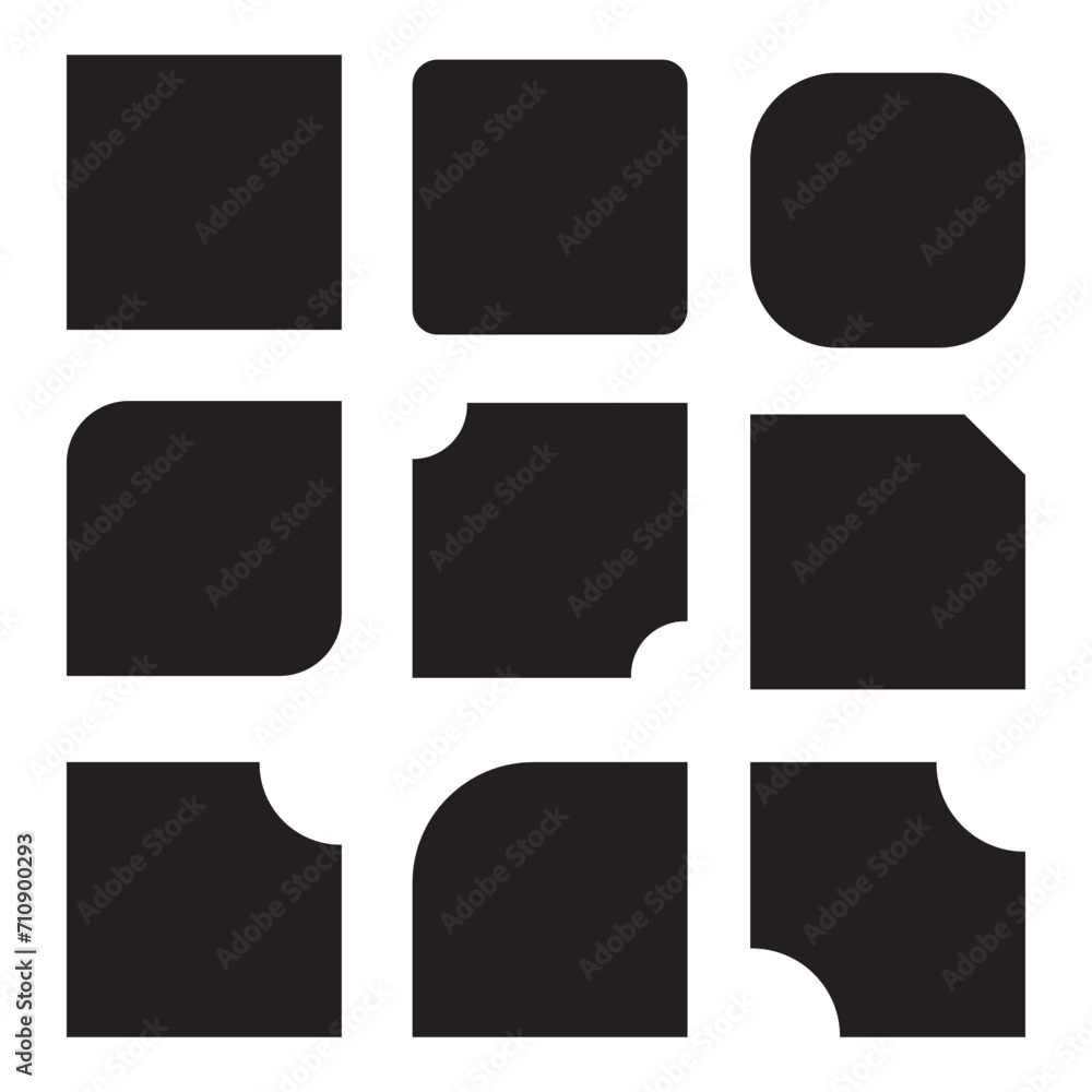Aufkleber set of 9 square shapes icon, corner cut icon set. 9 set squared symbols with various cuts on selecte
