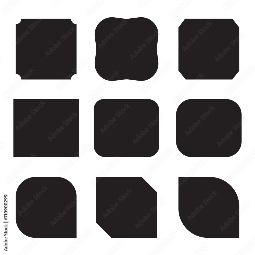 Poster set of 9 square shapes icon, corner cut icon set. 4 set squared symbols with various cuts on selecte