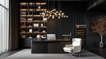 A home office with a black desk and a white leather chair. A large bookcase is positioned against a black wall. A modern chandelier hangs above the desk, casting a warm glow
