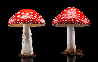 Two beautiful fly agarics isolated on a black background
