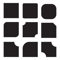 Set of 9 Square shapes icon, corner cut icon set. 9 set squared symbols with various cuts on selected corners. vector illustration Isolated on a white background.