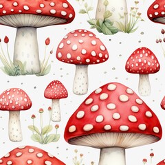 Seamless pattern with watercolor fly agaric mushrooms. Amanita muscaria