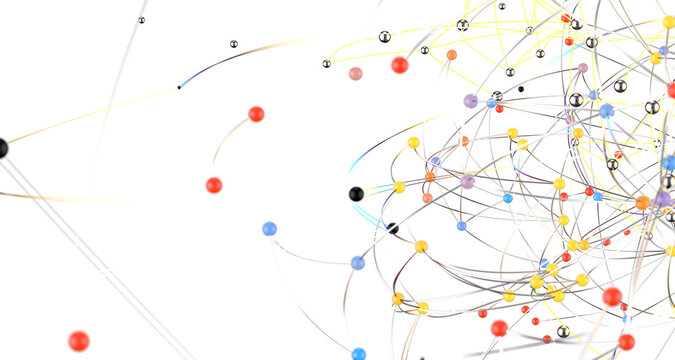Big data visualization. Network connection structure with chaotic distribution of points and lines. 3D rendering.