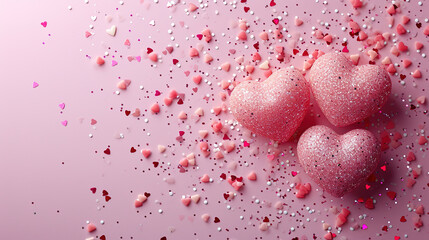 pink hearts floating in the air on a pink background.	
