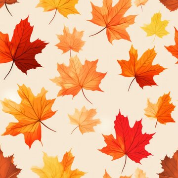 Watercolor autumn leaves seamless pattern on beige background   vector nature background